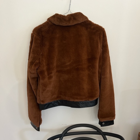 Faux Fur Chocolate Brown Bomber with Faux Leather Trim - Picture 2 of 2